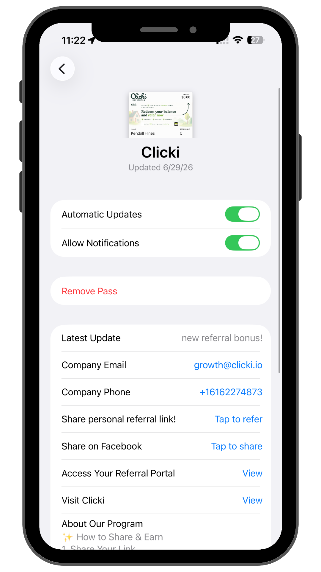 Clicki referral pass on iPhone