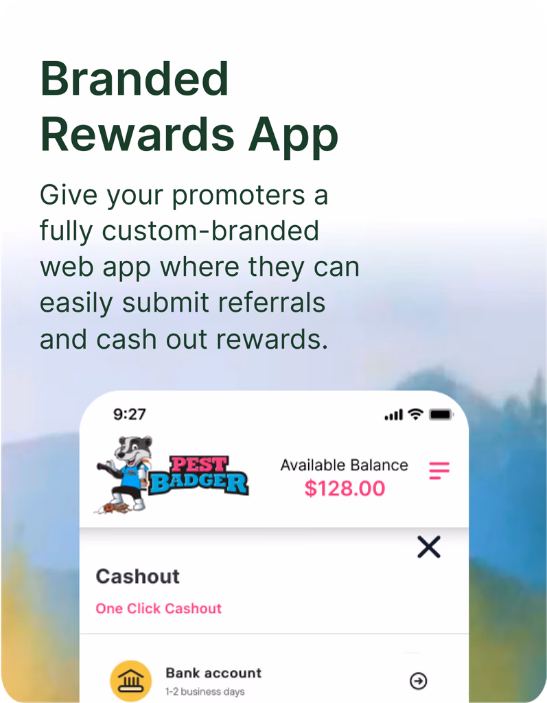 White-labeled Clicki mobile rewards app interface where promoters can track referrals, view earnings, and cash out rewards with custom company branding