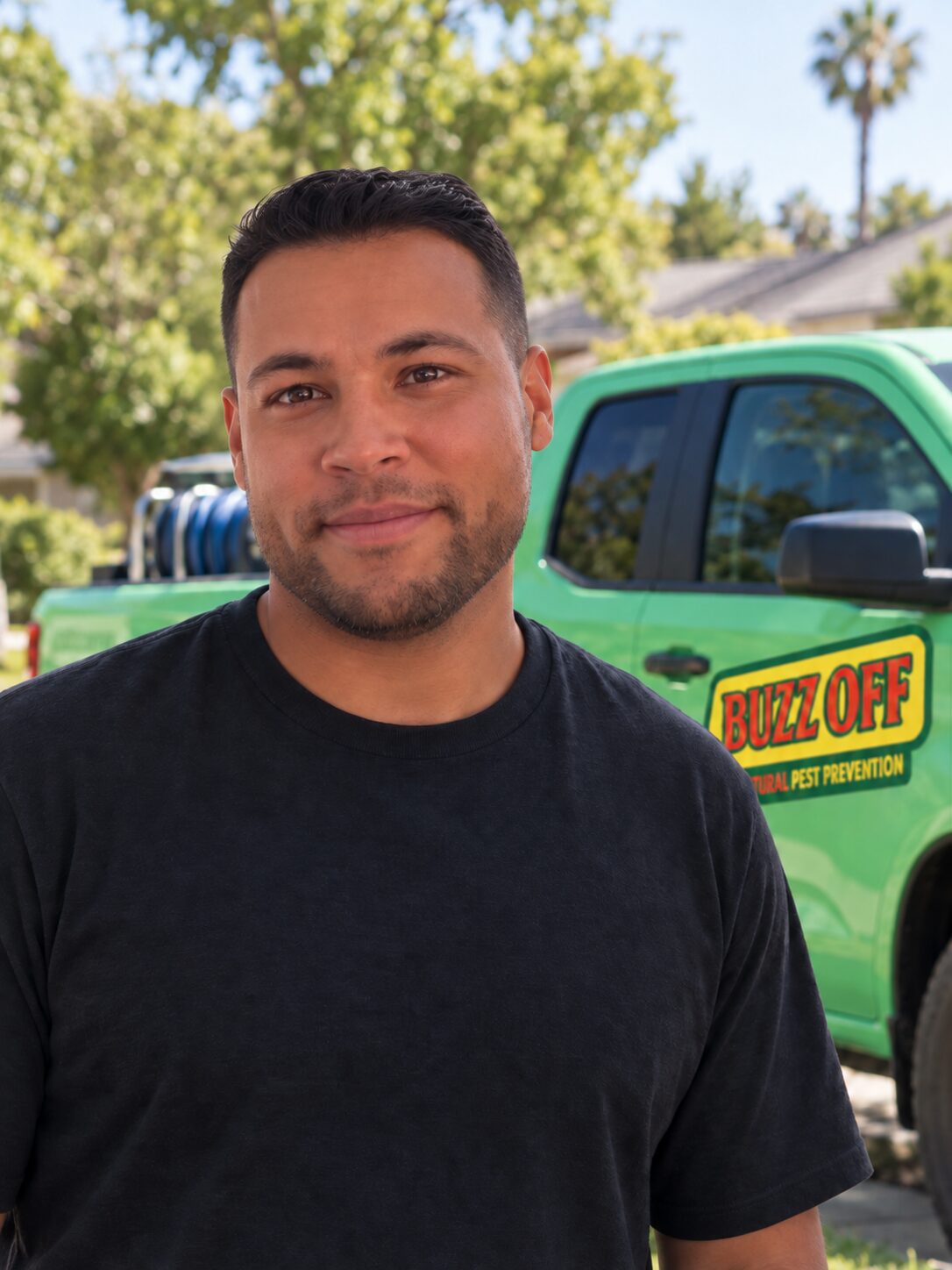 Dorrin Turner with a Buzz Off branded truck — composite portrait