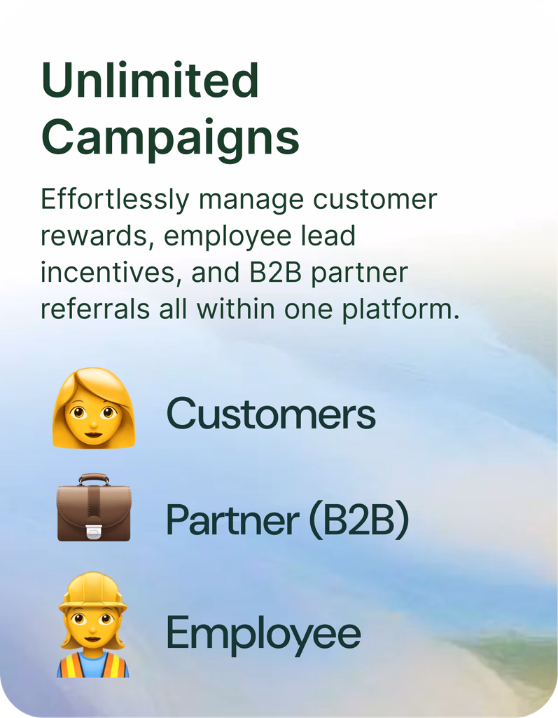 Clicki campaign management dashboard showing multiple referral campaigns for customers, partners, and employees with customizable rewards and branding
