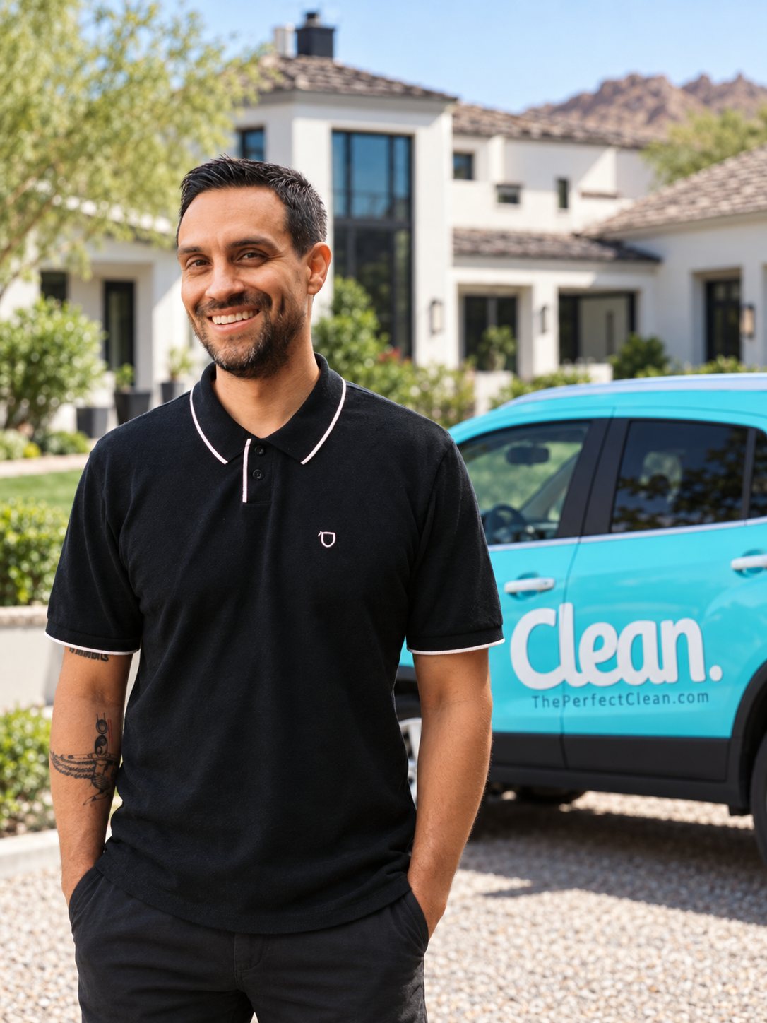 Zaak Muro with The Perfect Clean branded vehicle — composite portrait