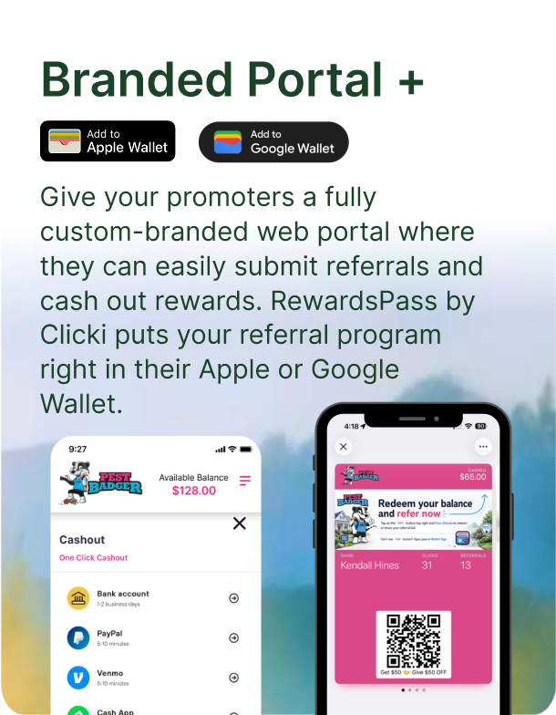 Branded referral portal shown alongside a RewardsPass wallet card in Apple and Google Wallet, showing promoter balance and cashout options